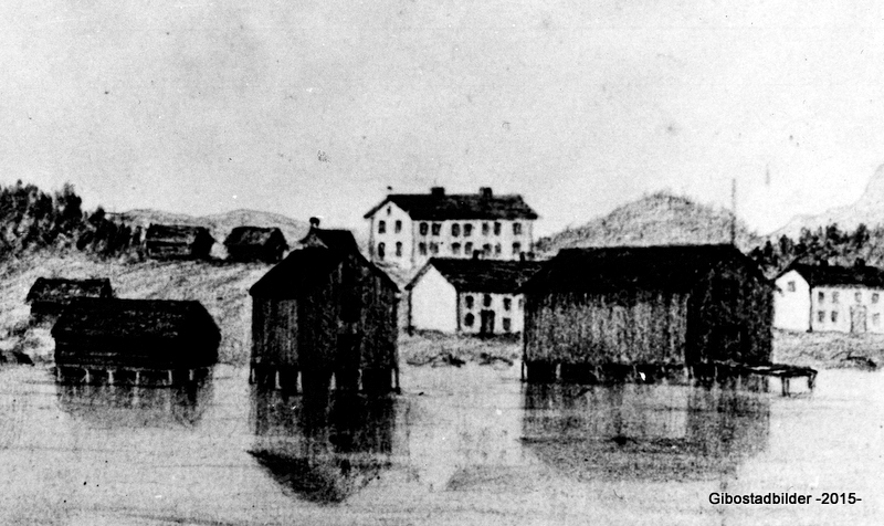 Skisse av CJ Clarks fra 1868. Vi ser også her de samme tre gårdene som over, men nå er også Christian Møllers brygge kommet opp.